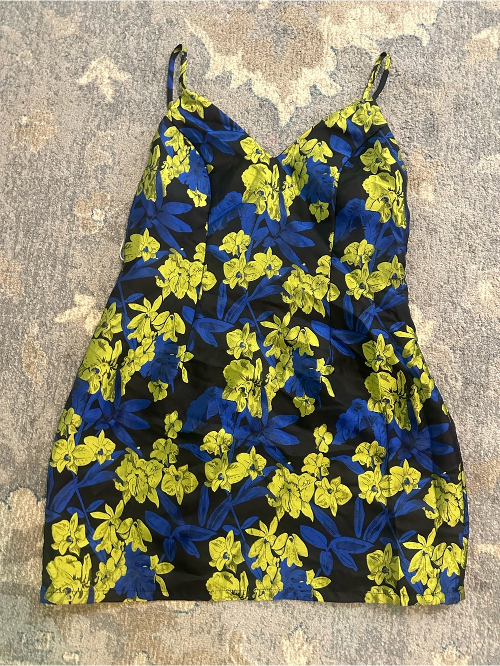Lulus Floral Mini Dress – Size Large – Blue & Lime Green Cocktail Dress